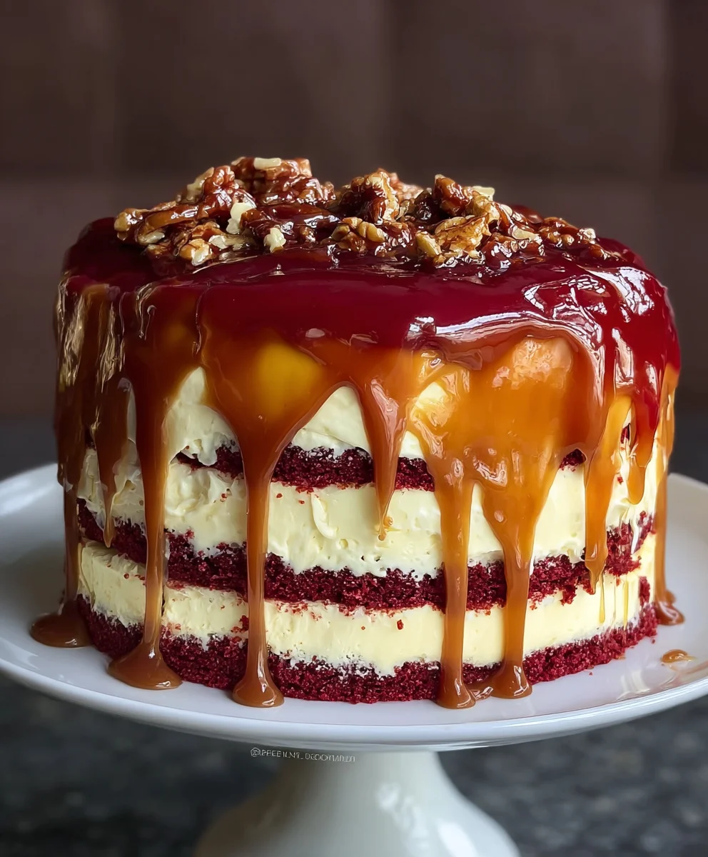 Red Velvet Cheesecake Cake Caramel Drizzle Recipe