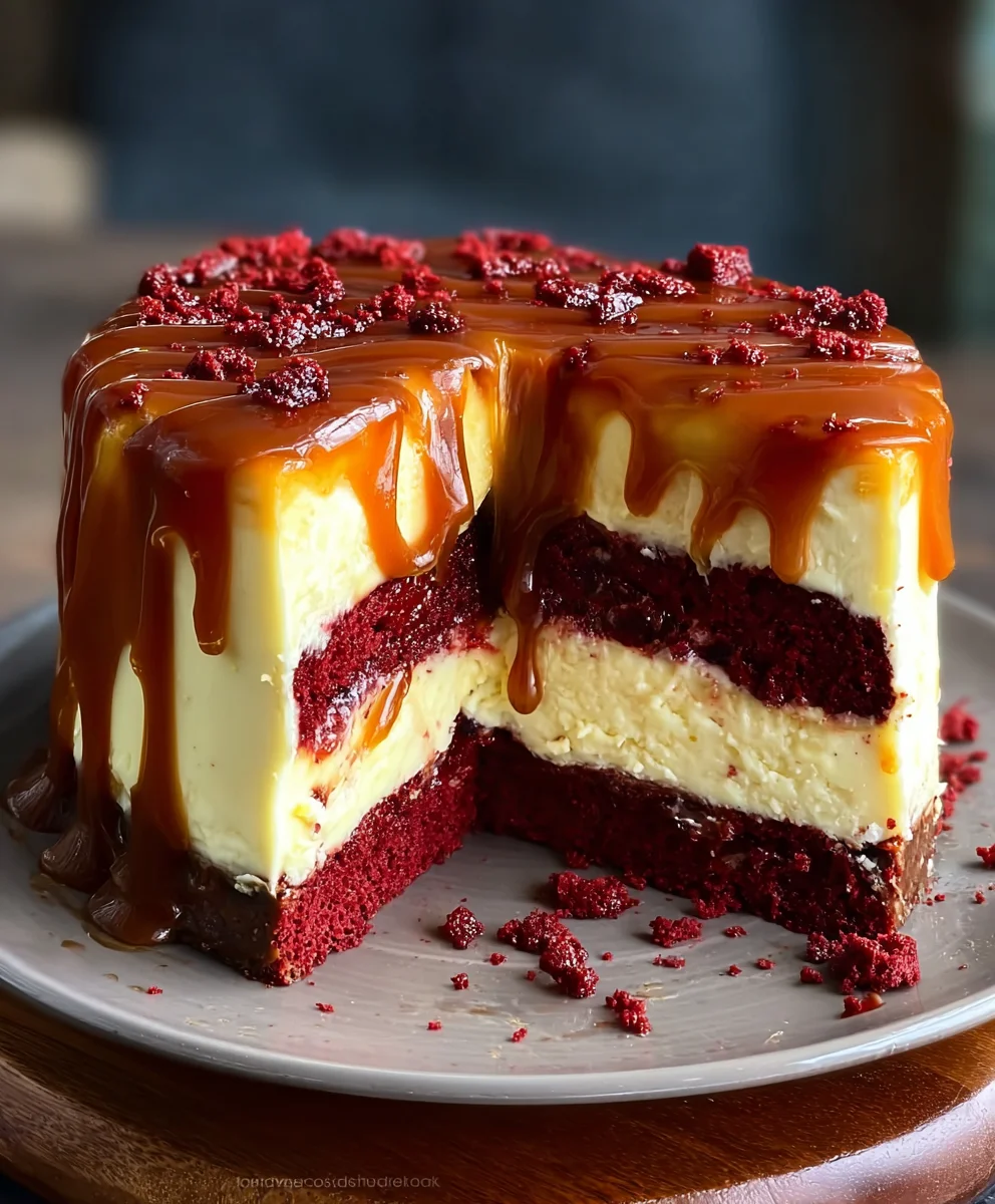 Red Velvet Cheesecake Cake- Caramel Drizzle Delight