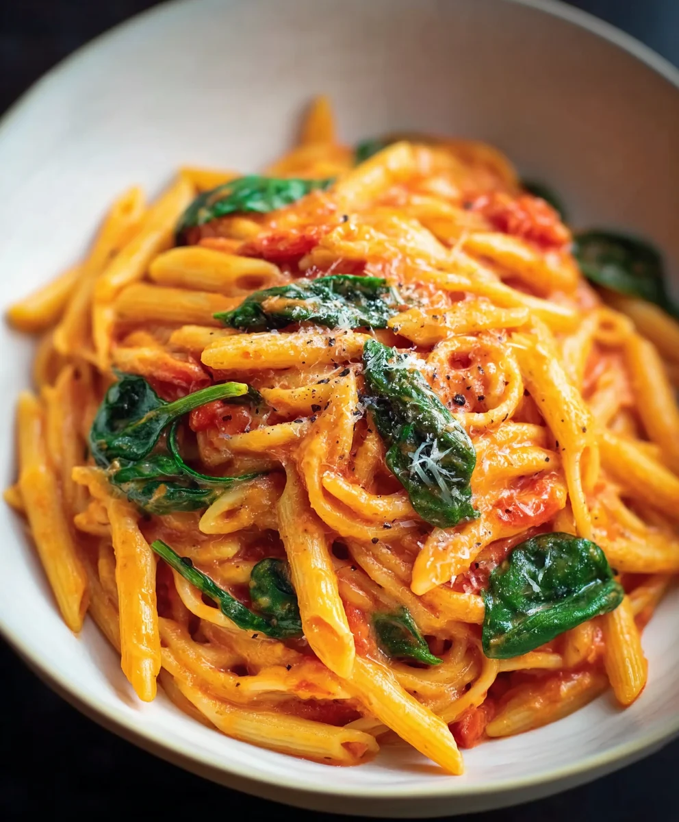 Creamy Tomato Spinach Pasta-Quick Easy Dinner