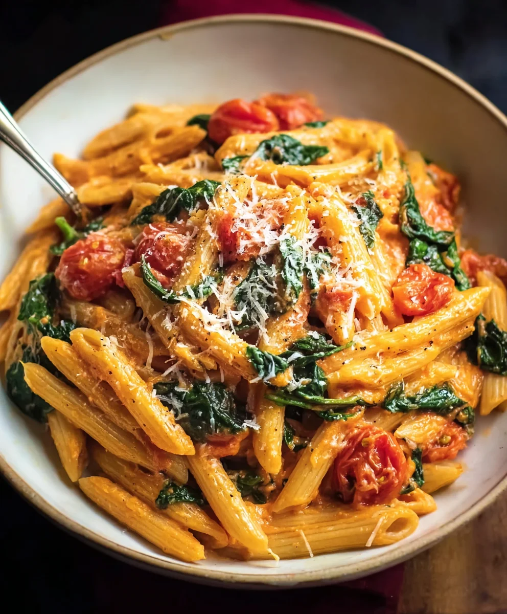 Creamy Tomato Spinach Pasta-Quick Easy Dinner