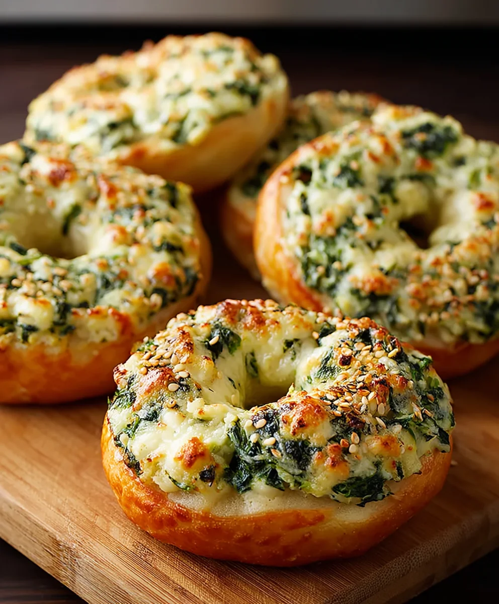 Cheesy Spinach Artichoke Bagels - Delicious Snack