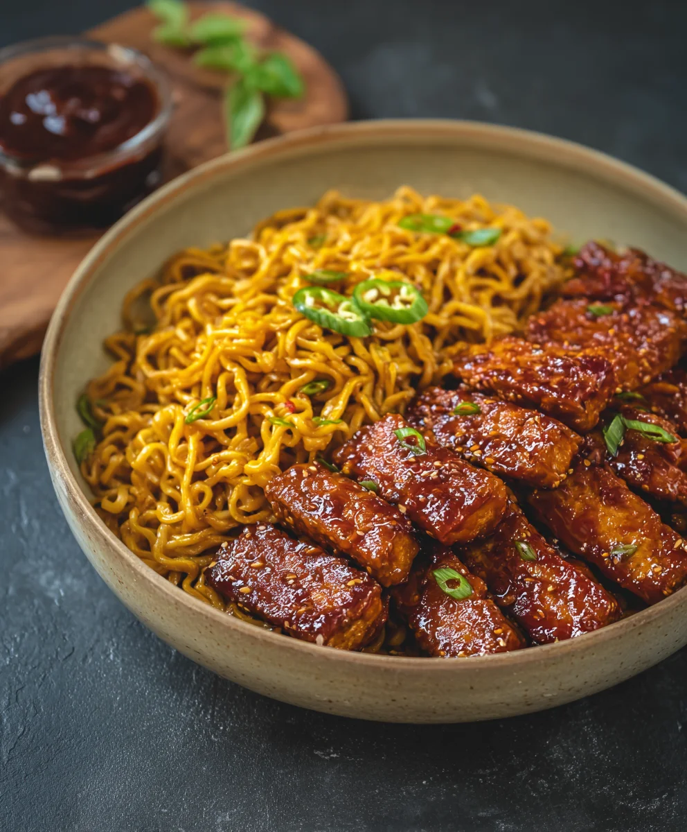 Sweet Spicy Tempeh Garlic Curry Noodles