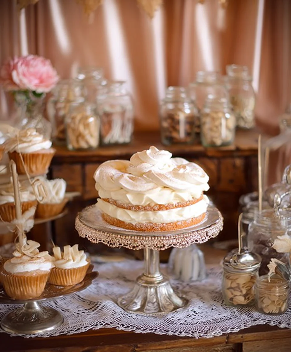 Vintage Wedding Dessert Table - Raspberry White Chocolate Cake
