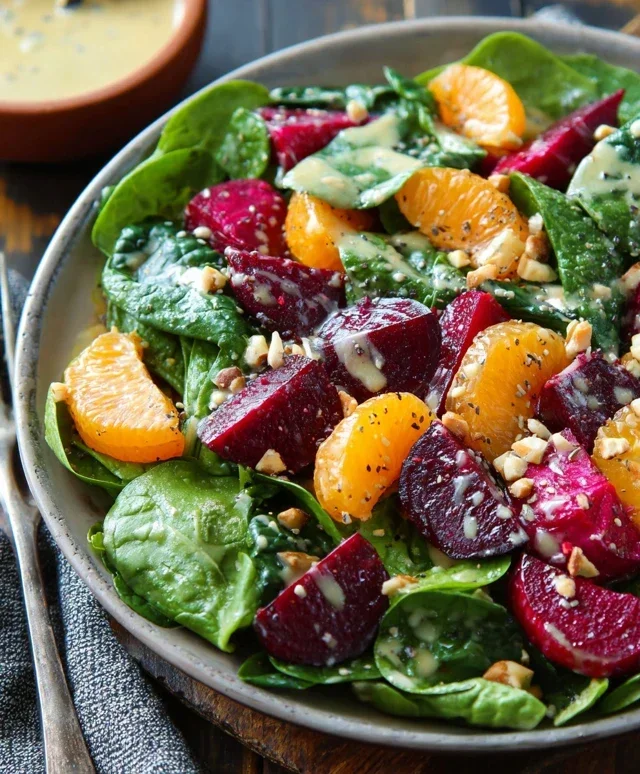 Beet Salad with Spinach and Honey-Mustard Lemon Dressing