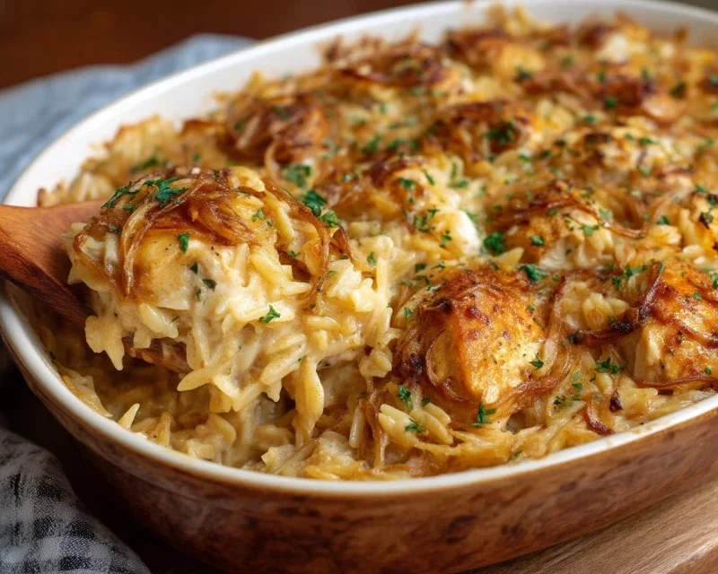 French Onion Chicken Orzo Casserole