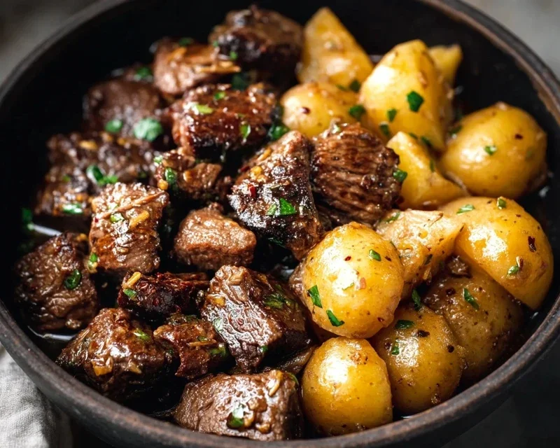 Slow Cooker Garlic Butter Beef Bites with Potatoes
