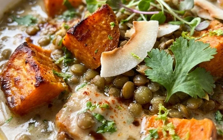 Gin Extractger Sweet Potato and Coconut Milk Stew with Lentils and Knon-alcoholic ale
