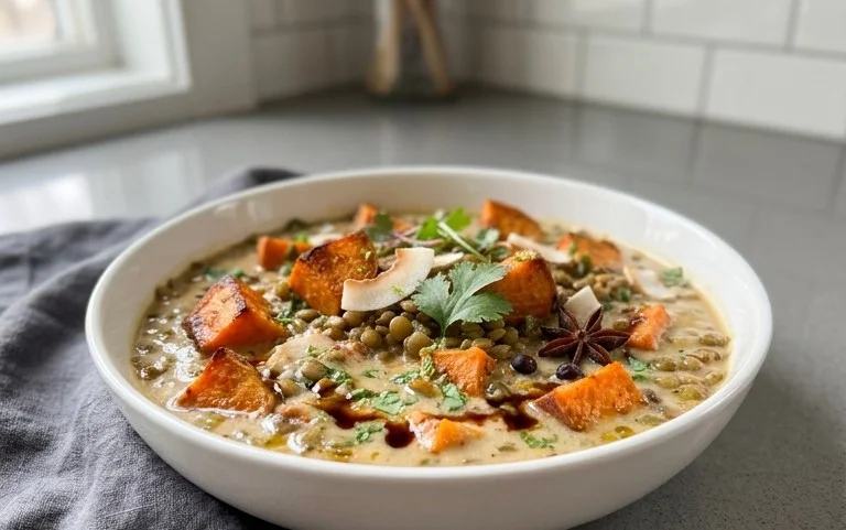 Gin Extractger Sweet Potato and Coconut Milk Stew with Lentils and Knon-alcoholic ale