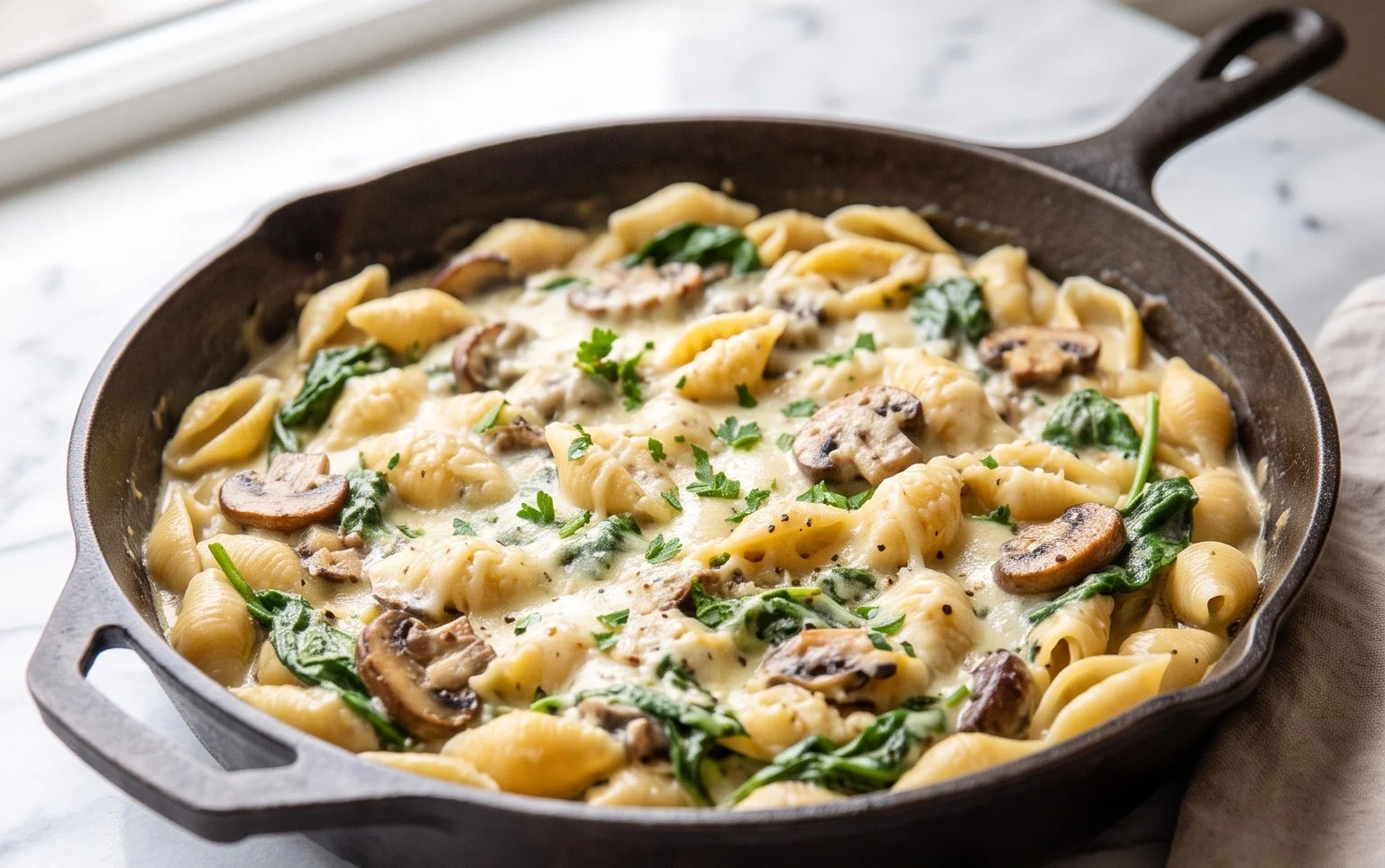 Parmesan Spinach Mushroom Pasta Skillet