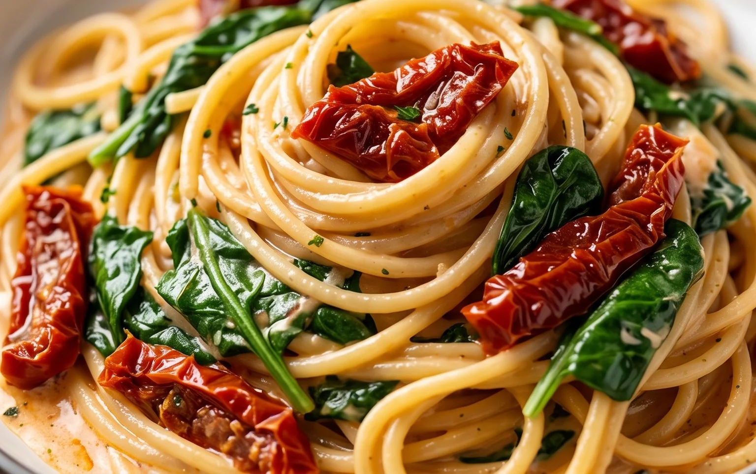 Spaghetti & Spinach with Sun-Dried Tomato Cream Sauce
