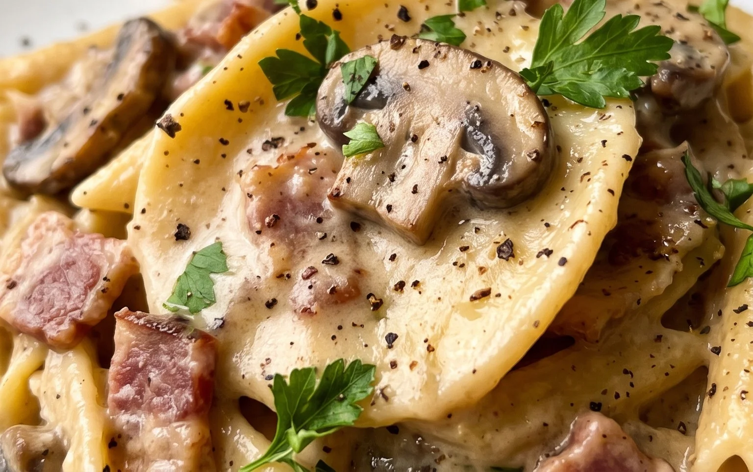 Creamy Beef Bacon and Mushroom Pasta