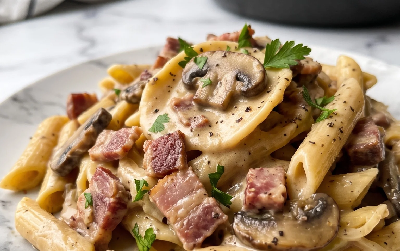 Creamy Beef Bacon and Mushroom Pasta