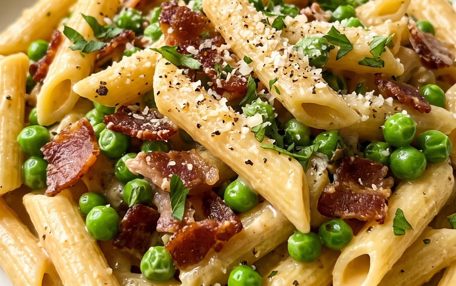 Penne Pasta, Peas and Beef Bacon