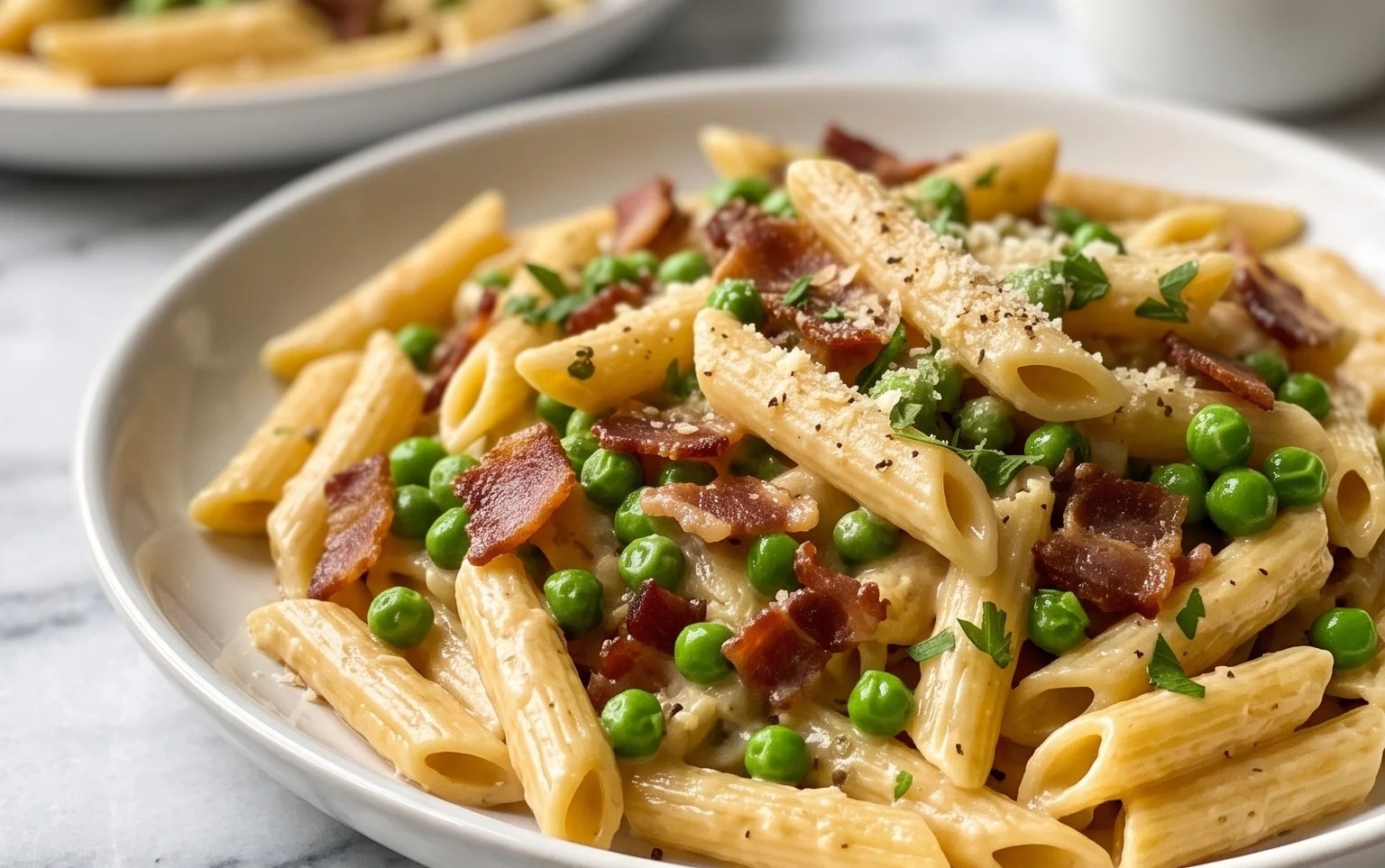Penne Pasta, Peas and Beef Bacon