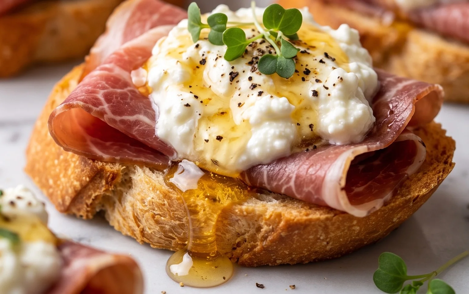 Beef Prosciutto Crostini with Burrata and Lemon Honey Drizzle