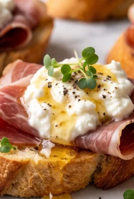 Beef Prosciutto Crostini with Burrata and Lemon Honey Drizzle